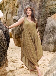 Rusttydustty Plus Allover Geo Print Asymmetrical Hem Jumpsuit - Brown - View 5