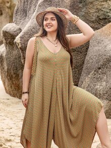 Rusttydustty Plus Allover Geo Print Asymmetrical Hem Jumpsuit - Brown - View 6