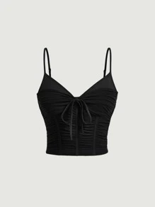 SHEIN MOD Tie Front Ruched Cami Top - Black - View 1