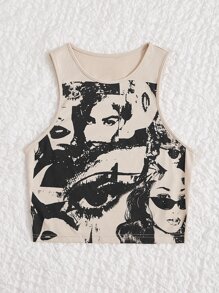 SHEIN MOD Figure Graphic Crop Tank Top - Beige - View 3