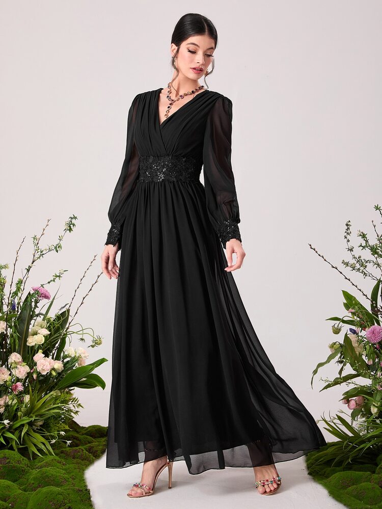 Modelyn 亮片拼接貼花泡泡袖雪紡伴娘洋裝 - 黑色 - 查看 4