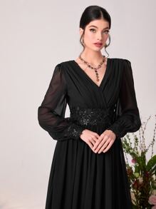 Modelyn 亮片拼接貼花泡泡袖雪紡伴娘洋裝 - 黑色 - 查看 5