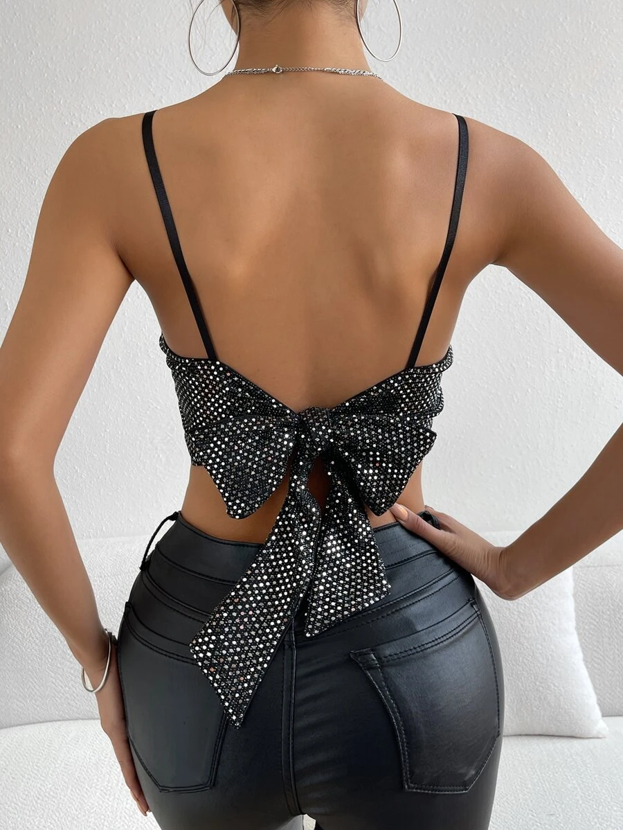 SHEIN Privé 金屬質感吊帶短上衣 - 黑色 - 查看 1