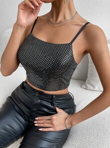SHEIN Privé 金屬質感吊帶短上衣 - 黑色 - 查看 6