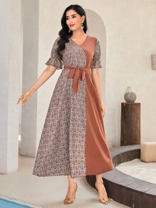 Mulvari Graphic Print Flounce Sleeve Belted Dress - Multicolor - View 3