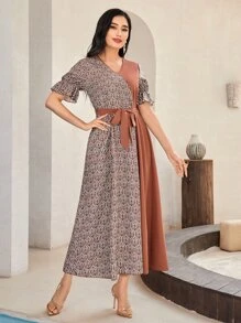 Mulvari Graphic Print Flounce Sleeve Belted Dress - Multicolor - View 4