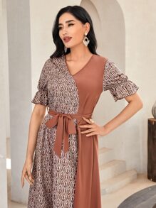 Mulvari Graphic Print Flounce Sleeve Belted Dress - Multicolor - View 5