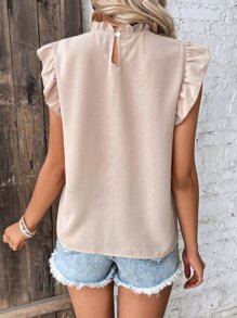 SHEIN Clasi Áo sơ mi nữ Tương phản ren viền lá sen Xù màu trơn Thanh lịch - Màu be - Xem 2