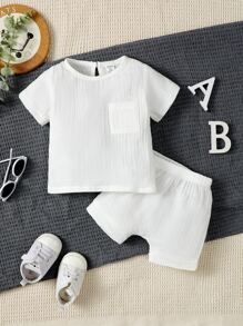 Baby Boy Solid Pocket Patched Tee & Shorts - White - View 1