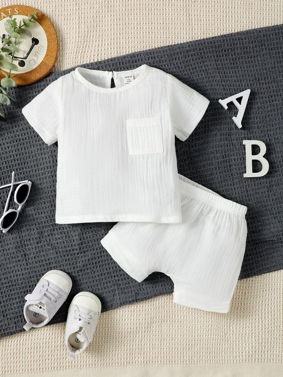 Baby Boy Solid Pocket Patched Tee & Shorts - White - View 1