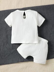 Baby Boy Solid Pocket Patched Tee & Shorts - White - View 2
