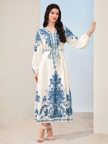 Mulvari Đầm Thắt lưng Hoa Boho - Xanh và trắng - Xem 1