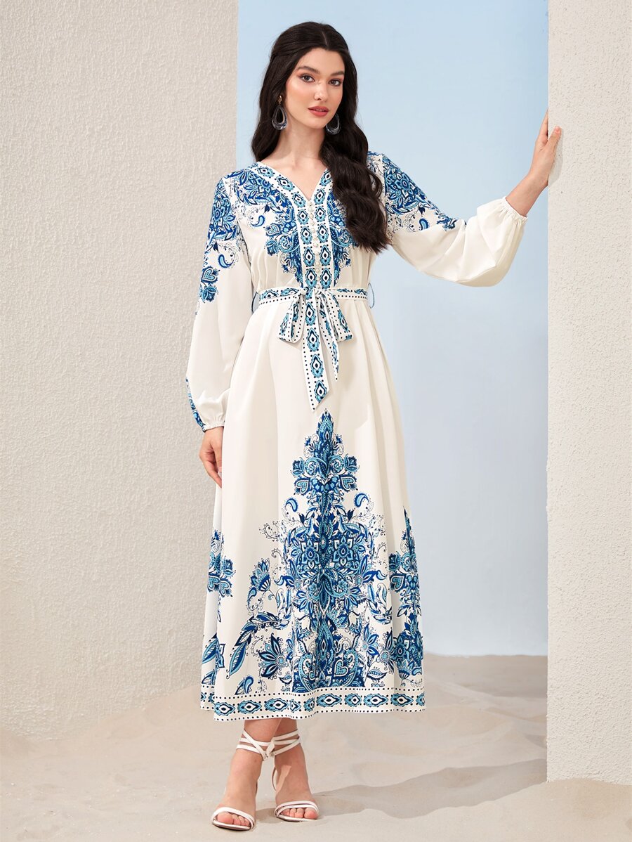 Mulvari Đầm Thắt lưng Hoa Boho - Xanh và trắng - Xem 1