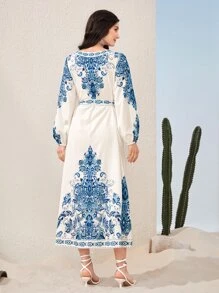 Mulvari Đầm Thắt lưng Hoa Boho - Xanh và trắng - Xem 2