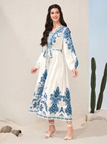 Mulvari Đầm Thắt lưng Hoa Boho - Xanh và trắng - Xem 3