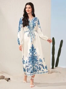 Mulvari Đầm Thắt lưng Hoa Boho - Xanh và trắng - Xem 4