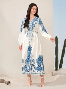 Mulvari Đầm Thắt lưng Hoa Boho - Xanh và trắng - Xem 5