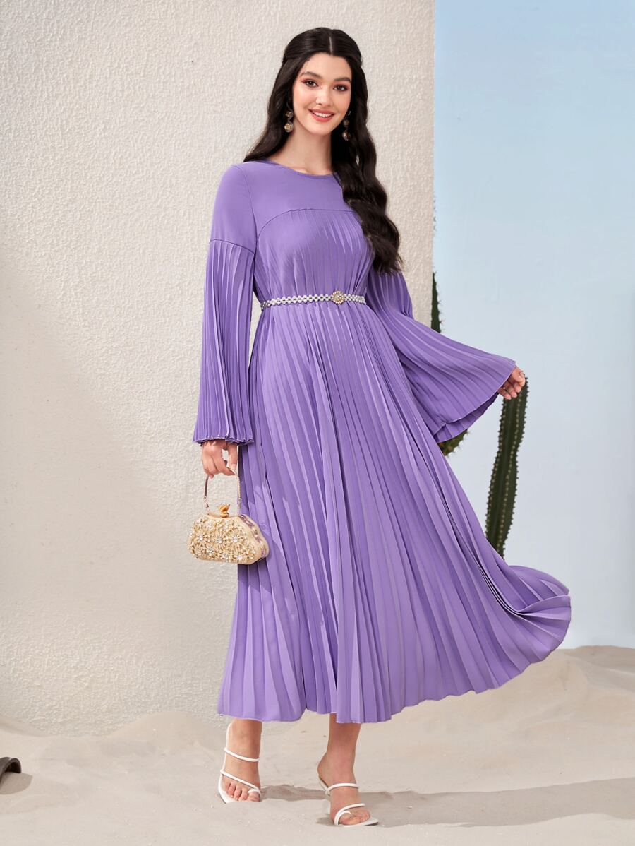 Seusyu 鐘形袖百褶下擺連衣裙不附腰帶 - 淡紫色 - 查看 1