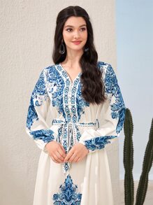 Mulvari Đầm Thắt lưng Hoa Boho - Xanh và trắng - Xem 6