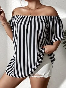 SHEIN LUNE Plus Striped Off Shoulder Blouse - Black and White - View 1