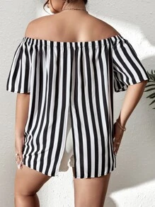 SHEIN LUNE Plus Striped Off Shoulder Blouse - Black and White - View 2