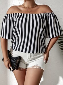 SHEIN LUNE Plus Striped Off Shoulder Blouse - Black and White - View 3