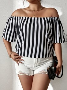 SHEIN LUNE Plus Striped Off Shoulder Blouse - Black and White - View 4