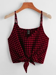 SHEIN Essnce 雙色格子下擺打結吊帶上衣 - 彩色 - 查看 1