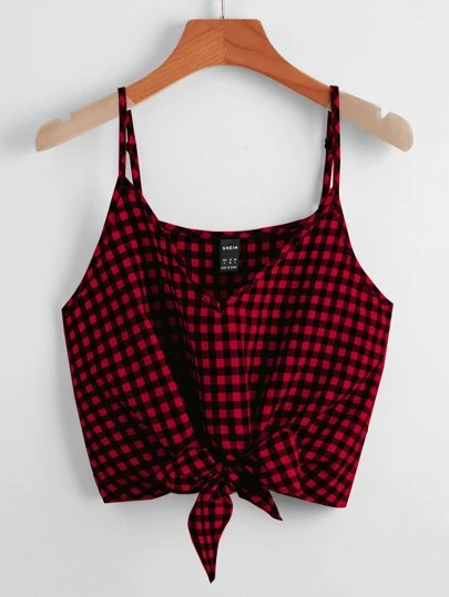SHEIN Essnce 雙色格子下擺打結吊帶上衣