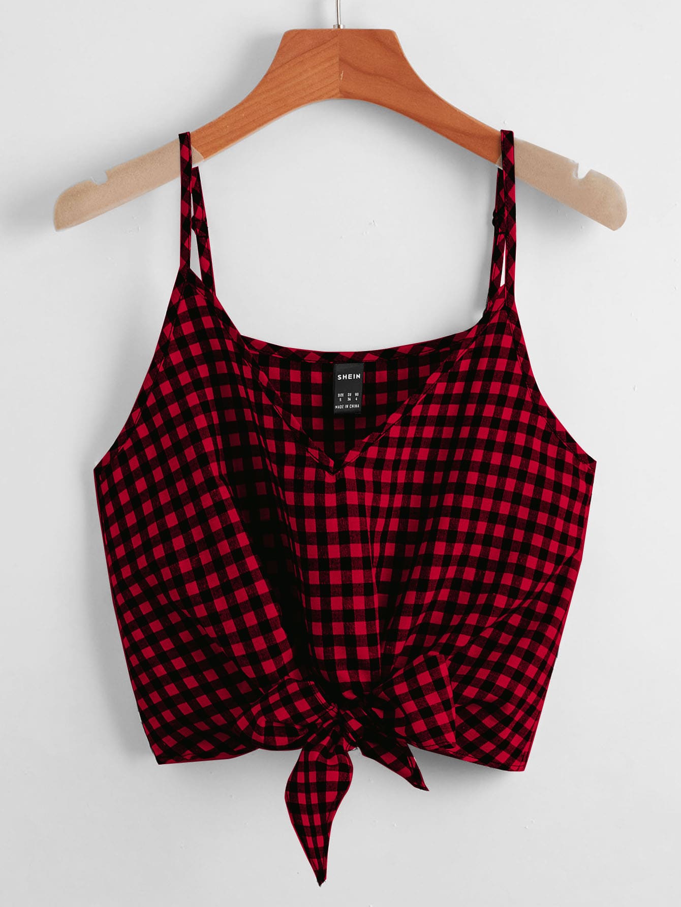 SHEIN Essnce 雙色格子下擺打結吊帶上衣 - 彩色 - 查看 1