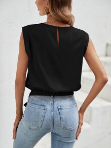 SHEIN LUNE Camisa sin manga unicolor bajo con nudo - Negro - Ver 2
