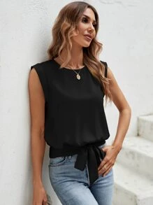 SHEIN LUNE Camisa sin manga unicolor bajo con nudo - Negro - Ver 3