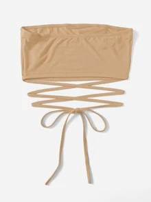 Soleia Áo nữ Hội Chữ thập Thắt nút màu trơn Gợi cảm - Màu Khaki - Xem 2