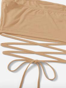 Soleia Áo nữ Hội Chữ thập Thắt nút màu trơn Gợi cảm - Màu Khaki - Xem 4