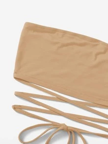 Soleia Áo nữ Hội Chữ thập Thắt nút màu trơn Gợi cảm - Màu Khaki - Xem 5