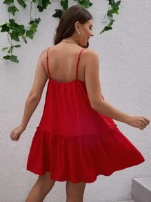 SHEIN VCAY Plus Solid Ruffle Hem Cami Dress - Red - View 3