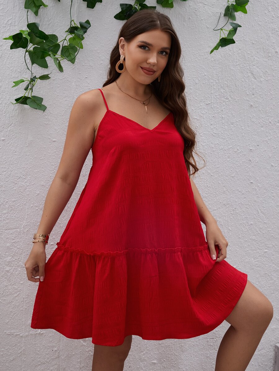 SHEIN VCAY Plus Solid Ruffle Hem Cami Dress - Red - View 1