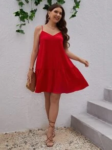 SHEIN VCAY Plus Solid Ruffle Hem Cami Dress - Red - View 4