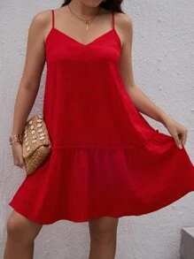 SHEIN VCAY Plus Solid Ruffle Hem Cami Dress - Red - View 5