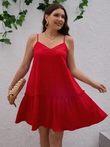 SHEIN VCAY Plus Solid Ruffle Hem Cami Dress - Red - View 6