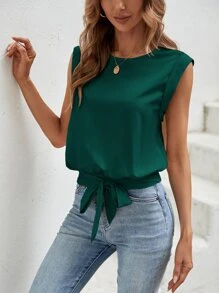 SHEIN LUNE 素色下擺打結無袖襯衫 - 墨綠色 - 查看 4