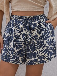 SHEIN VCAY Plus Tropical Print Belted Shorts - Multicolor - View 1
