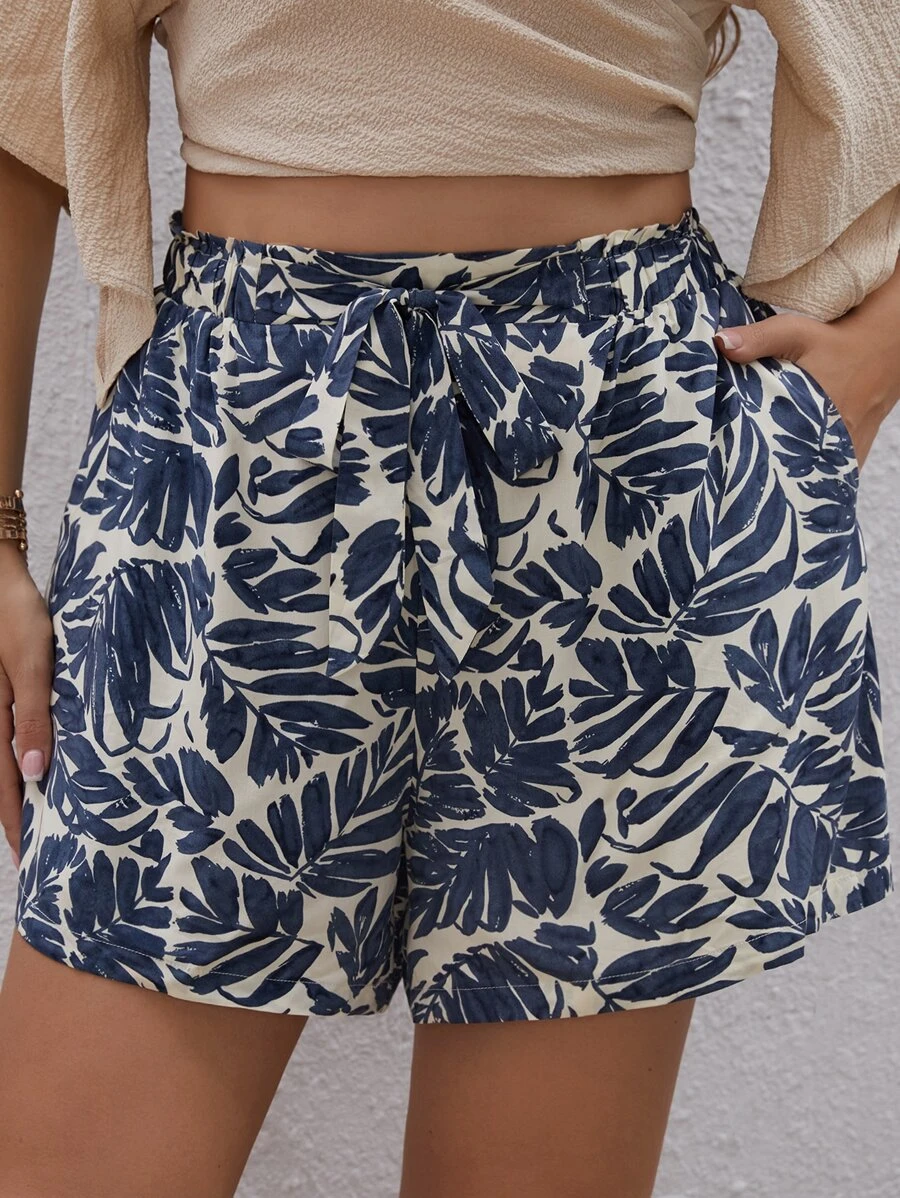 SHEIN VCAY Plus Tropical Print Belted Shorts - Multicolor - View 1