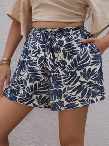 SHEIN VCAY Plus Tropical Print Belted Shorts - Multicolor - View 2