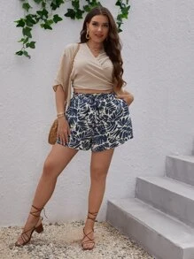 SHEIN VCAY Plus Tropical Print Belted Shorts - Multicolor - View 5