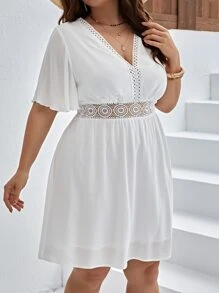 SHEIN Privé Plus Guipure Lace Panel Butterfly Sleeve Dress - White - View 1