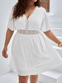 SHEIN Privé Plus Guipure Lace Panel Butterfly Sleeve Dress - White - View 4