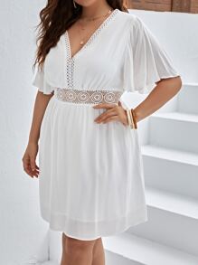 SHEIN Privé Plus Guipure Lace Panel Butterfly Sleeve Dress - White - View 7