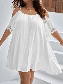 SHEIN VCAY Plus Cold Shoulder Guipure Lace Insert Dress - White - View 3
