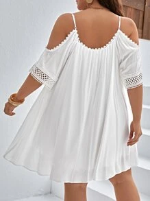 SHEIN VCAY Plus Cold Shoulder Guipure Lace Insert Dress - White - View 2